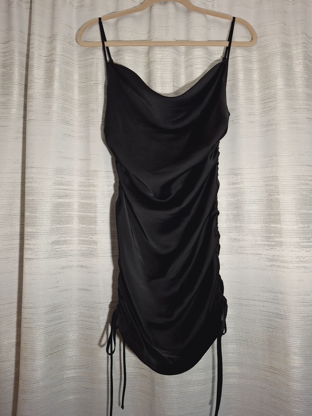 Wayf Black Satin Cowl Neck Ruched Mini Dress XS